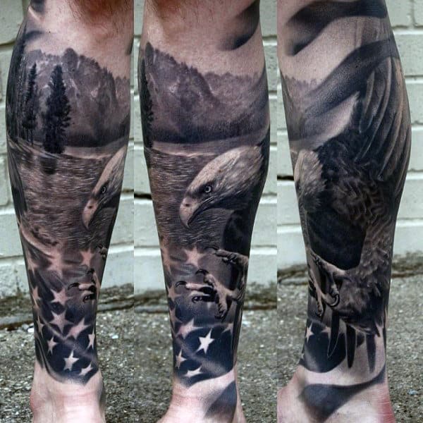 Bald Eagle On A Lake With Stars Tattoo Mens Lower Legs