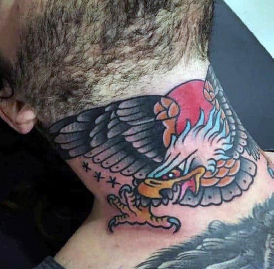 Bald Eagle Red Sun Guys Traditional Tattoo On Neck
