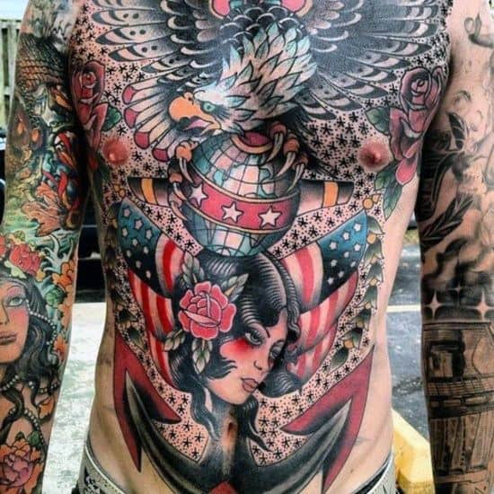 Bald Eagle With American Flag Guys Chest Traditional Tattoos