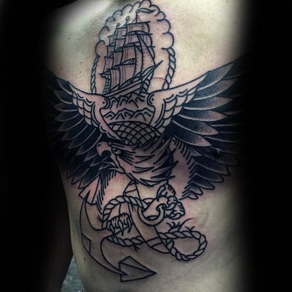 Bald Eagle With Anchor And Sailing Ship Guys Full Traditional Chest Tattoo Designs