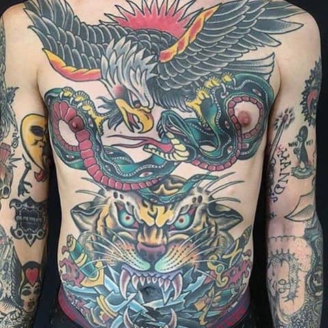 Bald Eagle With Snake And Tiger Guys Full Chest Themed Traditional Tattoos
