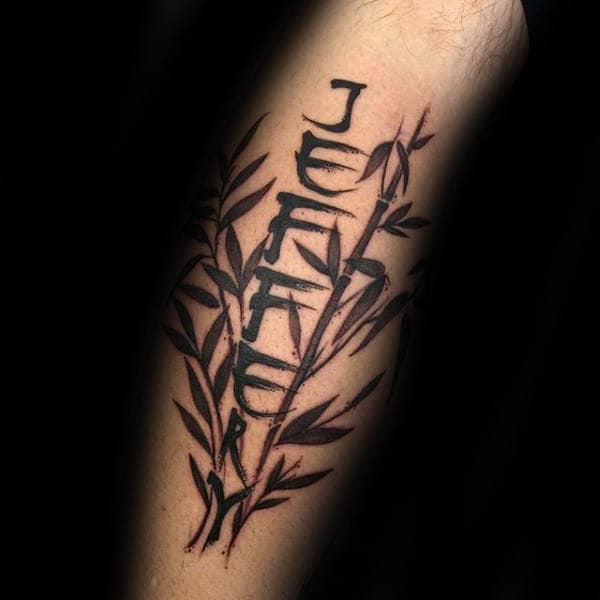 Bamboo Brush Stroke With Lettering Mens Leg Tattoos