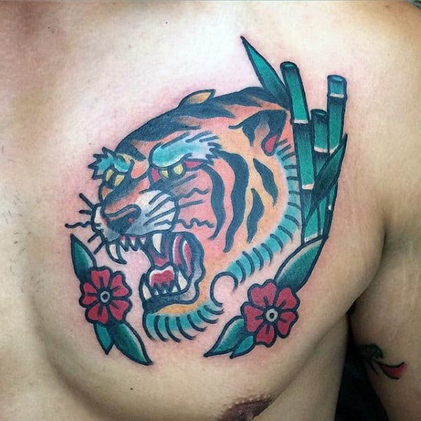 Bamboo Floal Male Traditional Tiger Upper Chest Tattoo