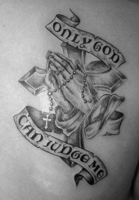 banner with cross only god can judge me guys back tattoos