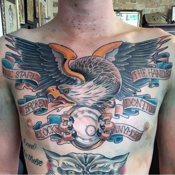 Banner With Eagle And Pocket Watch Guys Chest Tattoos
