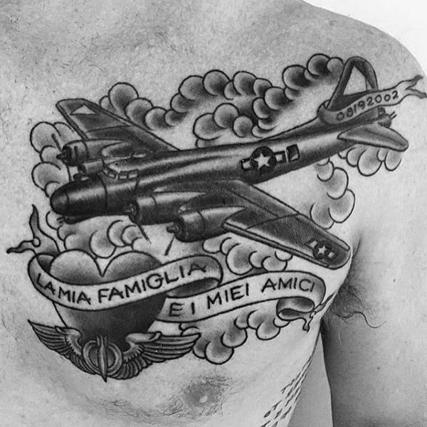 Banner With Heart Mens Plane Ww2 Traditional Old School Upper Chest Tattoo