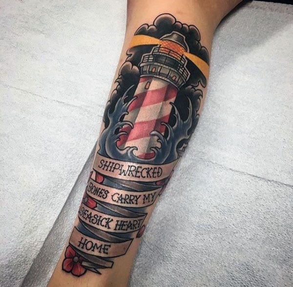 Banner With Lighthouse Guys Traditional Leg Sleeve Tattoos