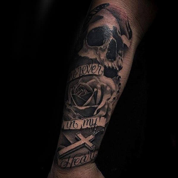 Banner With Rosary Cross And Skull Badass Guys Forearm Tattoos
