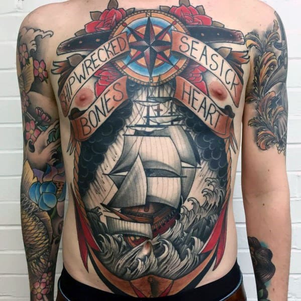 Banner With Sailing Ship Guys Retro Old School Cool Chest Tattoos