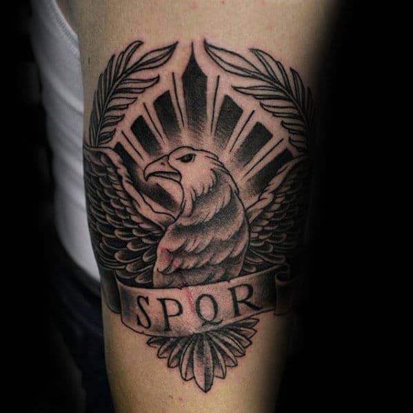 Banner With Spqr And Eagle Male Outer Forearm Tattoo