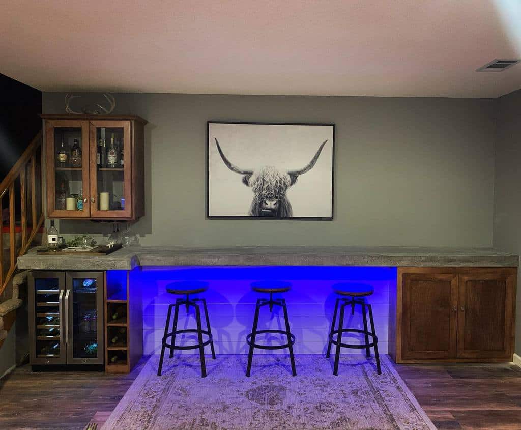 modern bar liquor cabinet stools fluro lights