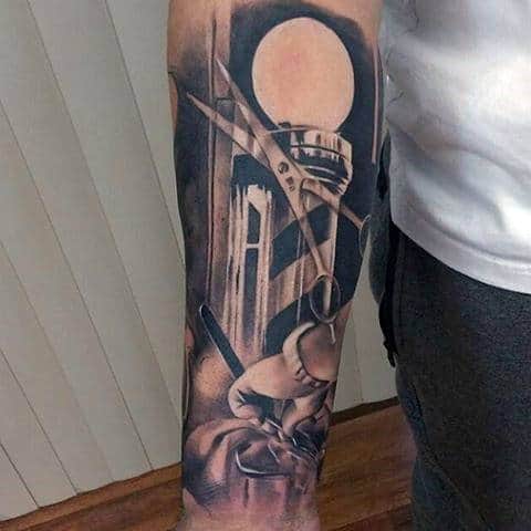 Barber Themed Mens Tattoo On Arm.