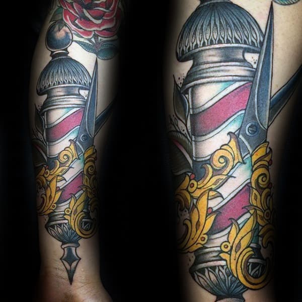 Barbershop Pole Mens Ornate Scissor Leg Tattoos