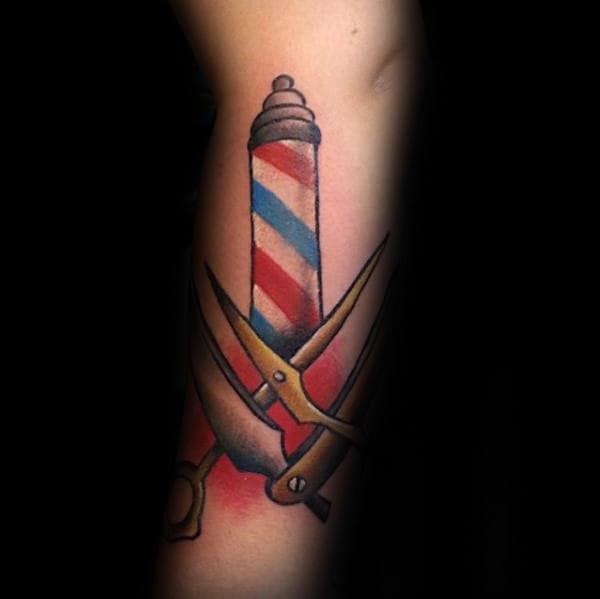 Barbershop Pole With Gold Scissors Mens Forearm Tattoos