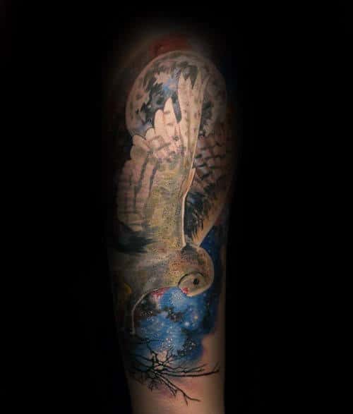 Barn Owl Flying At Night With The Moon Mens Half Sleeve Tattoo