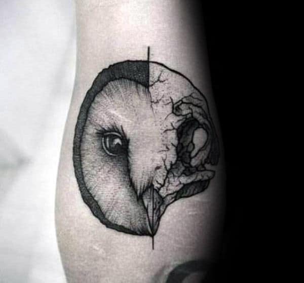 Barn Owl Half Skull Mens Outer Forearm Tattoos