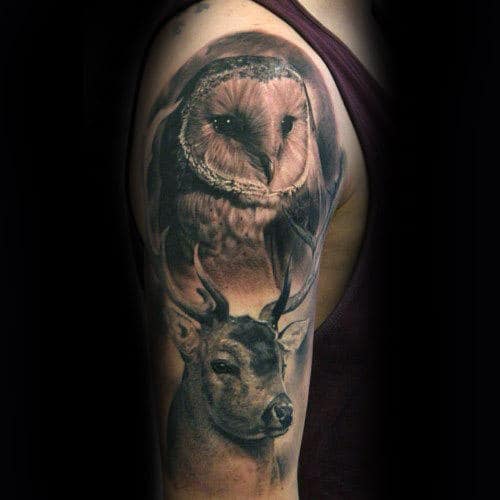 Barn Owl With Deer Mens Arm Tattoos