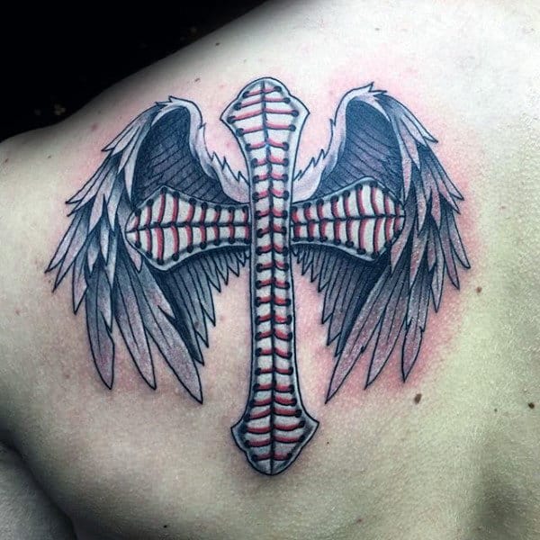Baseball Cross With Angel Wings Mens Shoulder Tattoos
