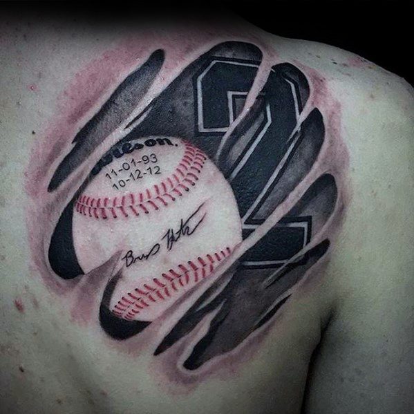 Baseball Ripped Skin Shoulder Male Sports Tattoo Ideas