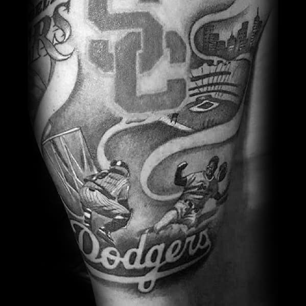 Baseball Themed Dodgers Tattoo Design Ideas For Males On Arm