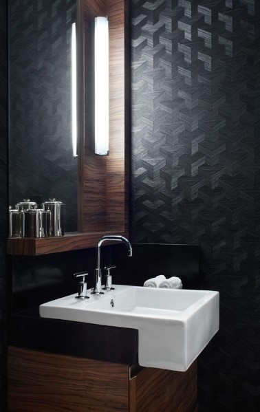 black textured bathroom wallpaper white sink