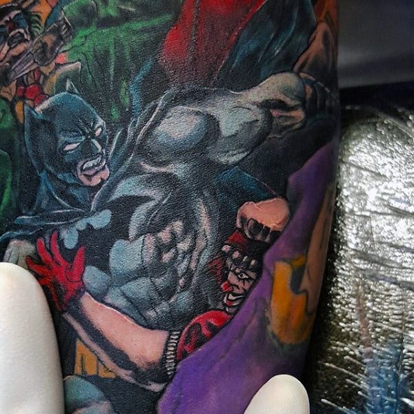 Batman In Action Mens Traditional Bicep Tattoo Design With Full Color