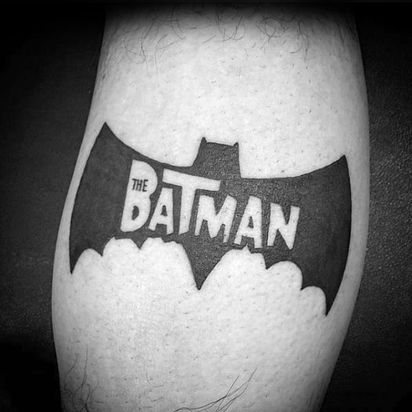 Batman Negative Space Lettering Symbol Leg Calf Tattoos