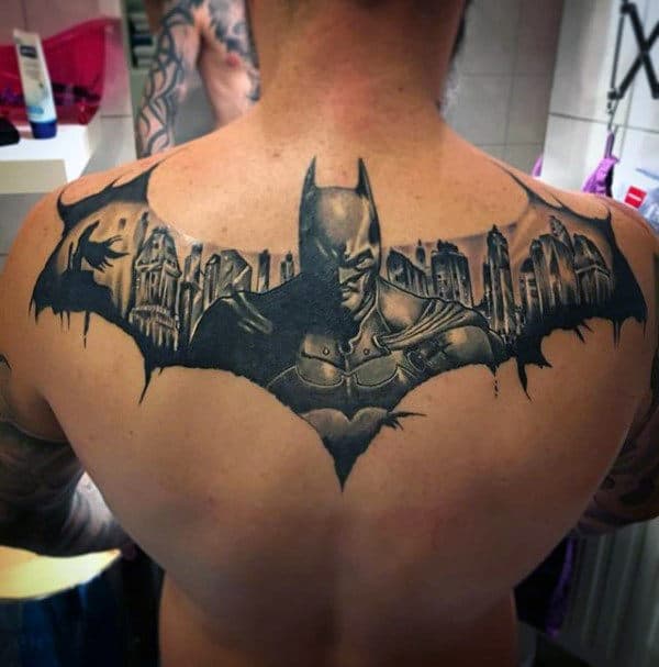 Batman Symbol Themed Mens Upper Back Tattoos