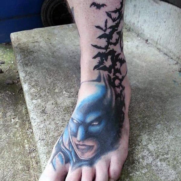 Batman With Flying Black Bats Foot Tattoos For Men