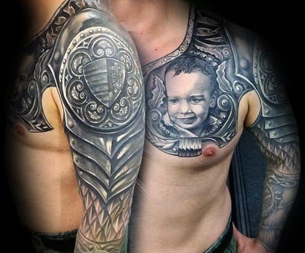 Battle Armor With Child Portrait Mens Chest And Sleeve Cover Up Tattoo