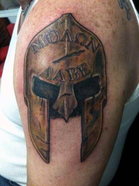 Battle Helmet With Molon Labe Enscribed Tattoo For Men On Upper Arm