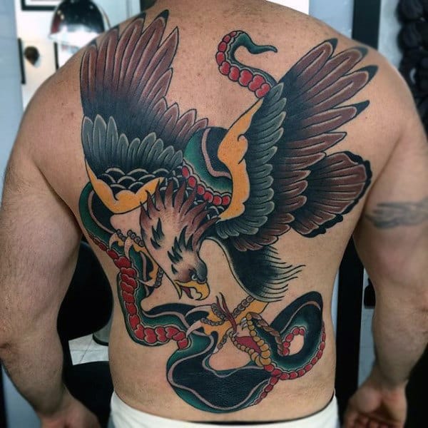 Battle Of The Bald Eagle And Snake Tattoo Male Back