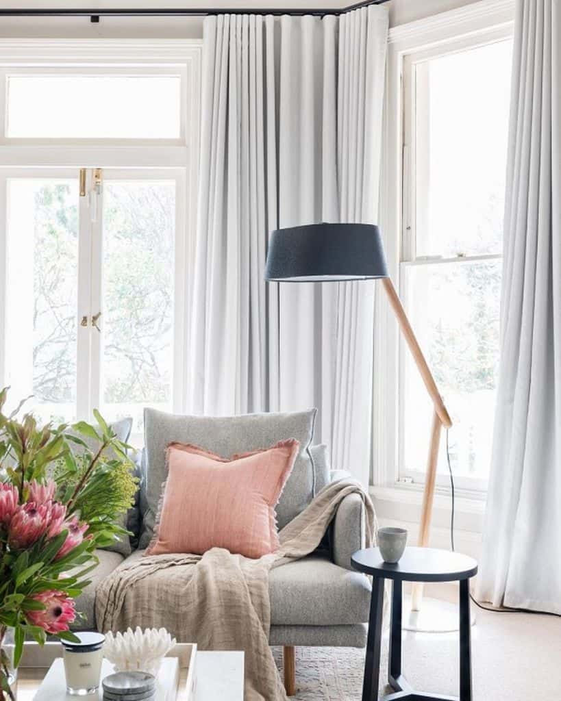 bay window curtains sofa floor lamp