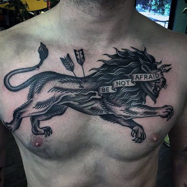 Be Not Afriad Lion With Arrows Guys Badass Upper Chest Tattoo
