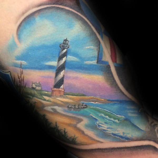 Beach Shore With Lighthouse Landscape Tattoos For Males