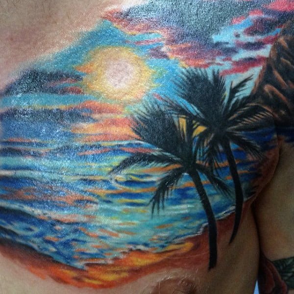 Beach Theme Tattoos For Men On Upper Chest