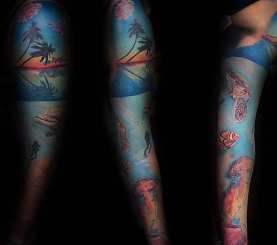 Beach With Ocean Sleeve Tattoo Design Ideas For Men