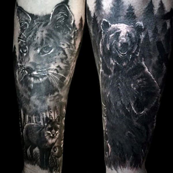 Bear And Fox Male Forest Forearm Tattoos