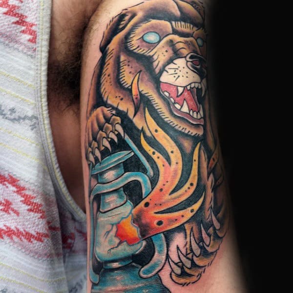 Bear Holding Lantern On File Mens Upper Arm Tattoos