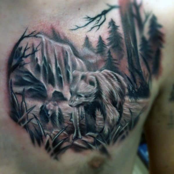 Bear In Forest Waterfall Mens Chest Tattoos