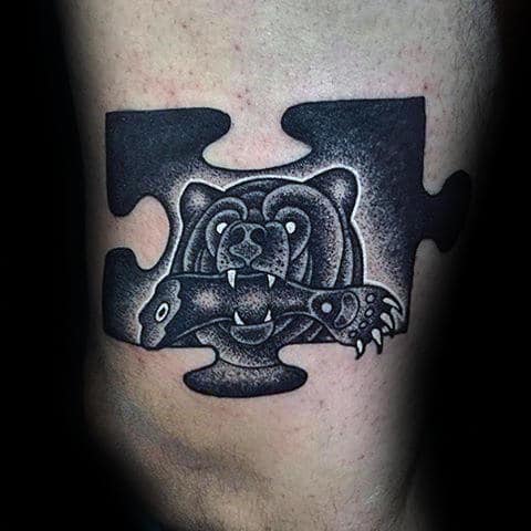 Bear With Arm And Claw Mens Abstract Puzzle Piece Tattoo On Thigh