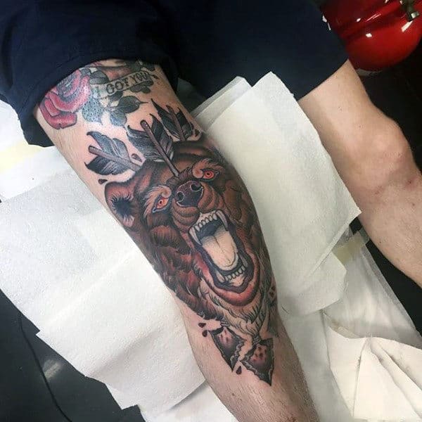 Bear With Arrows Knee Mens Tattoos