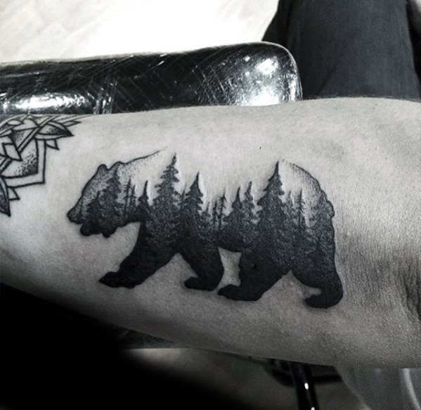 Bear With Forest Of Trees Guys Simple Outer Forearm Tattoo Designs