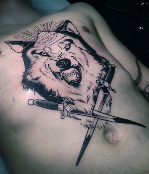 Beast And Sword Illuminati Tattoo Male Chest