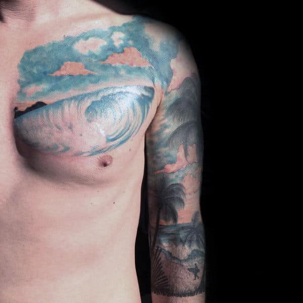 Beautiful Beach Side And Surf Tattoo Guys Chest