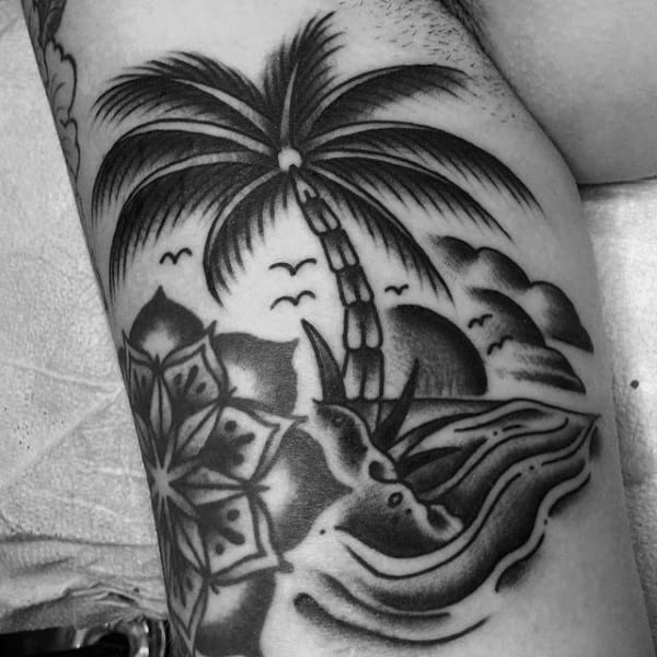 Beautiful Black Palm Tree Tattoo On Upper Arm For Men