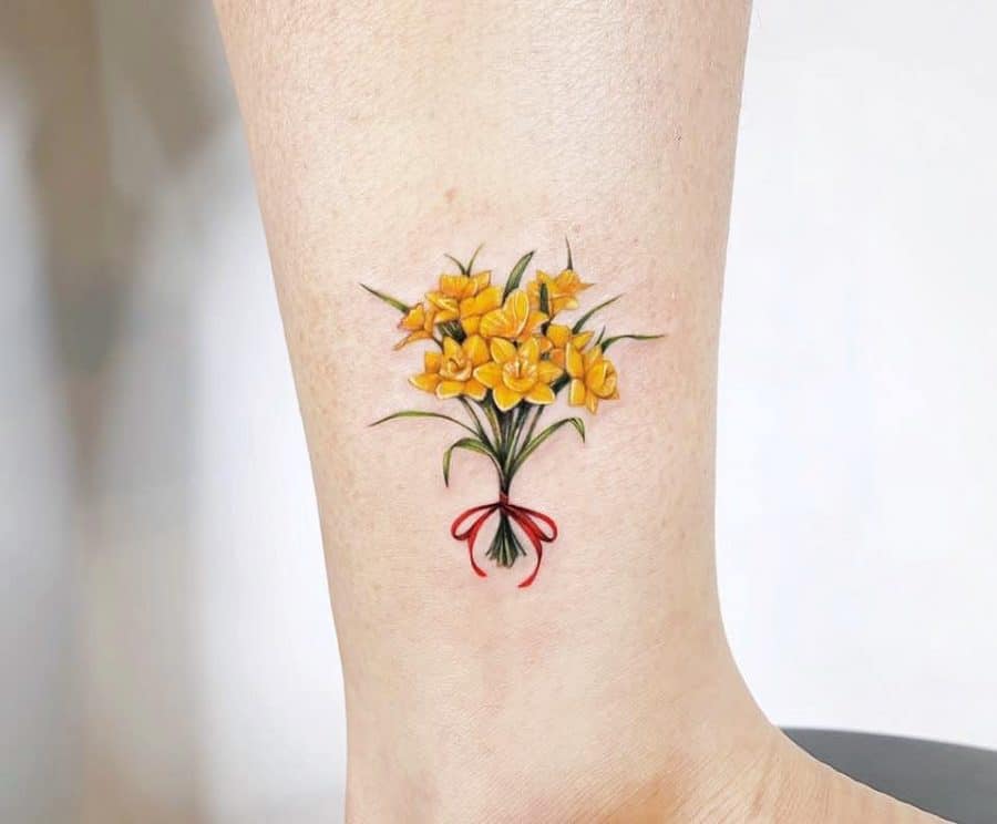 Beautiful Bunch Of Bright Yellow Daffodils Red Ribbon Tie Delicate Tattoo