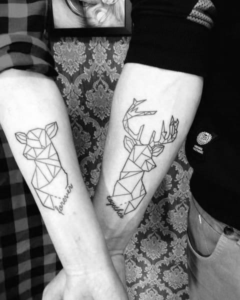 Beautiful Couple Tattoos Deer Geometric Design
