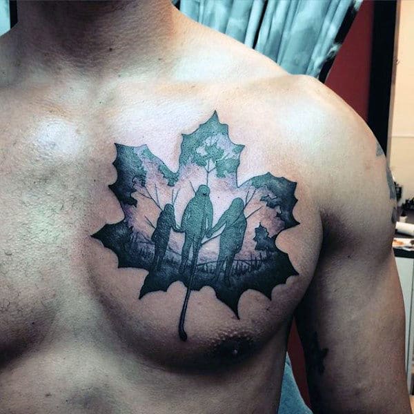 Beautiful Family Inside Clover Tattoo Guys Chest