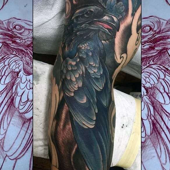 Beautiful Feathered Raven Tattoo Mens Full Sleeves